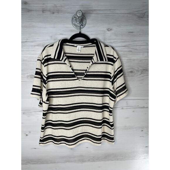 H&M Shirt Womens XL Black White Stripe Textured Knit Polo Johnny Collar V Neck - Picture 1 of 10